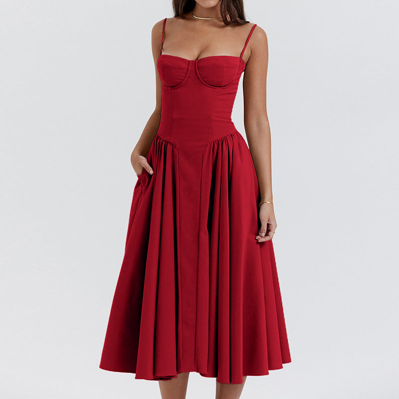 Damen Midikleid mit trägerlosem Design und voluminösem Faltenrock R&B
