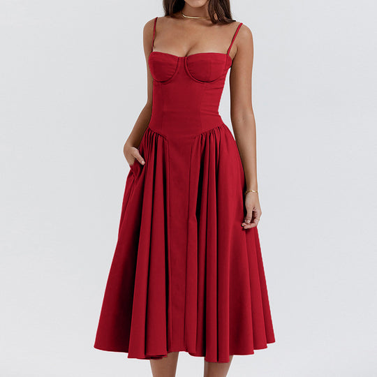 Damen Midikleid mit trägerlosem Design und voluminösem Faltenrock R&B