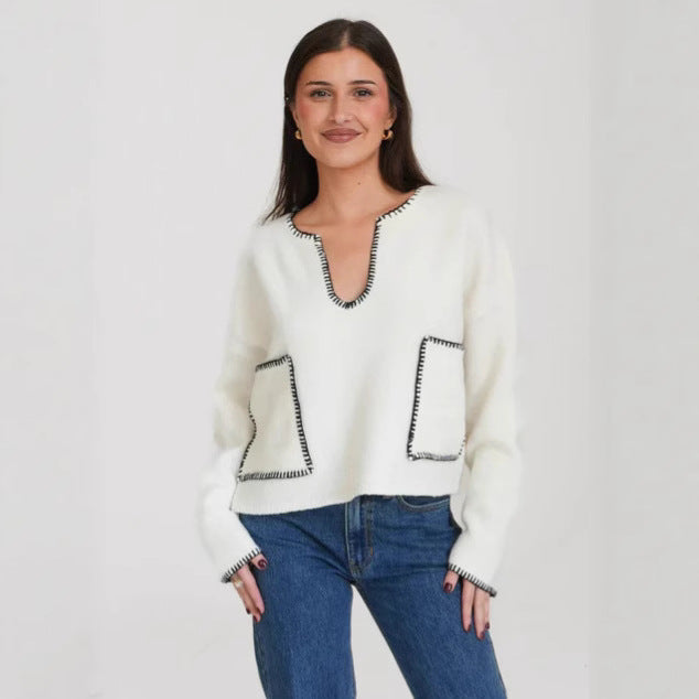 Damen lässiger Pullover mit strukturiertem Design und praktischen großen Taschen R&B
