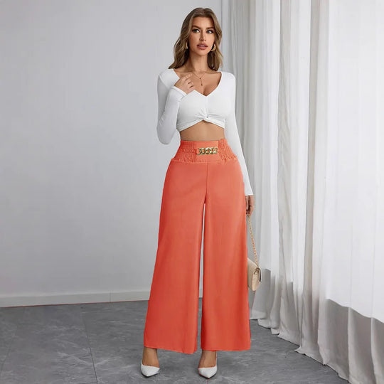 Damen Weite High-Waist Hose mit dekorativem Gummizug und modischem Gürtel R&B