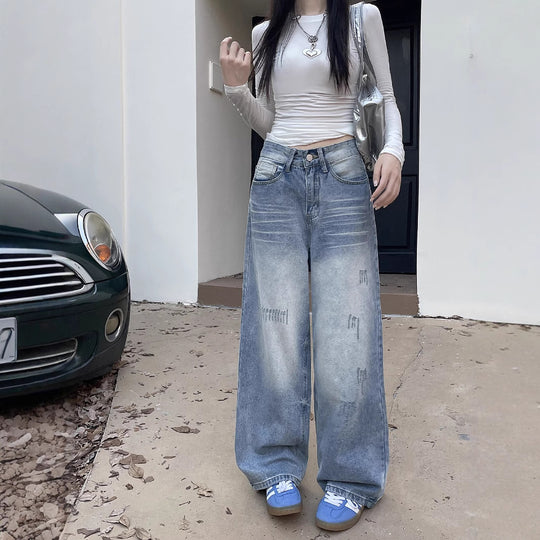 Damen Weite Baggy-Jeans mit modischem Used-Effekt und hohen Taschen R&B