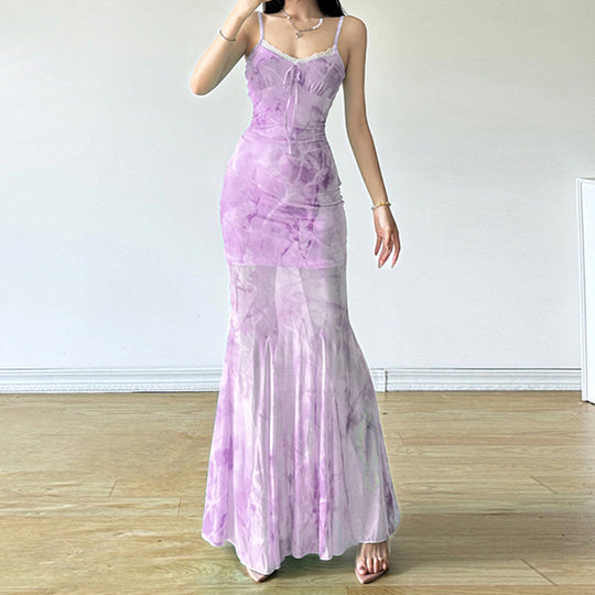Damen Maxikleid mit fließendem Schnitt und romantischen Transparenzakzenten R&B