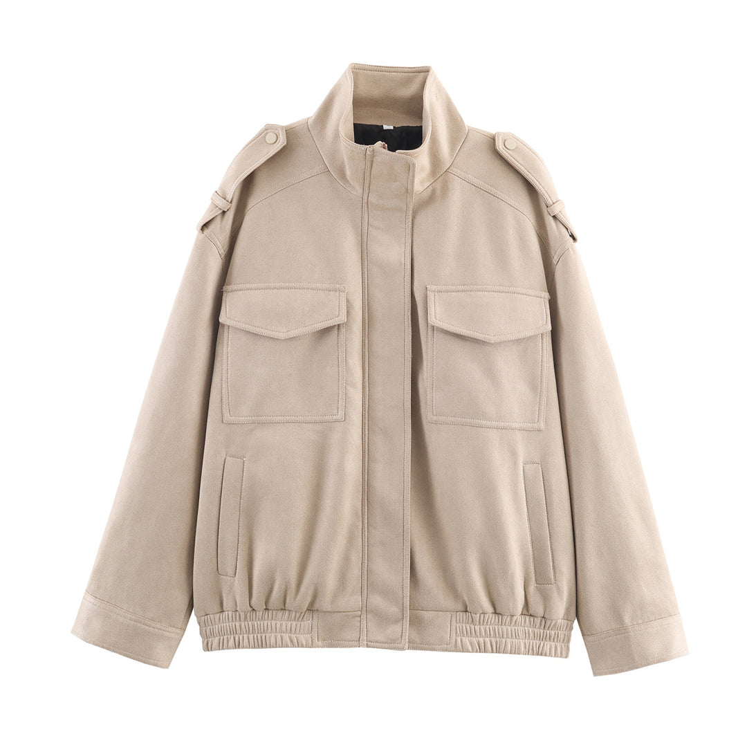 Damen modische Utility-Jacke mit hohem Kragen und praktischen Taschen R&B