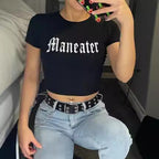 Damen Crop-Top mit kreativem Grafikdesign und modernem Schriftzug R&B