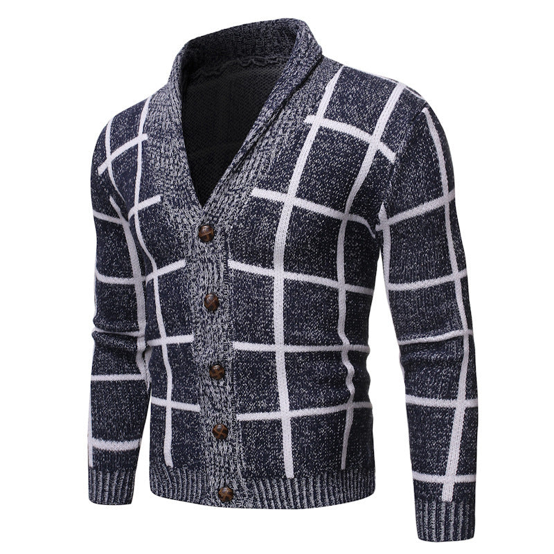 Herren modische Strickjacke mit V-Ausschnitt und modernem Karomuster R&B