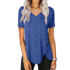 Damen lässiges V-Ausschnitt T-Shirt mit asymmetrischem Saum und dekorativen Knopfdetails R&B
