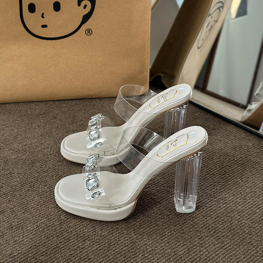 Damen Glamouröse Plateau-Sandalen mit durchsichtigen Riemen und funkelnden Kristall-Akzenten R&B