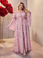 Damen Maxikleid mit schulterfreiem Design und floralen Akzenten R&B