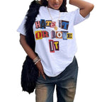 Damen T-Shirt mit auffälligem Schriftzug und lockerer Passform R&B
