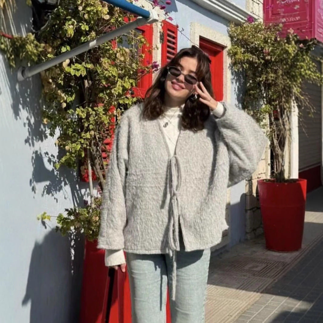 Damen weiche und trendige Strickjacke mit Bindeverschluss R&B