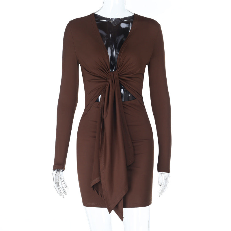 Damen figurbetontes Wickeloberteil-Kleid mit langen Ärmeln und seitlichen Cut-Outs R&B