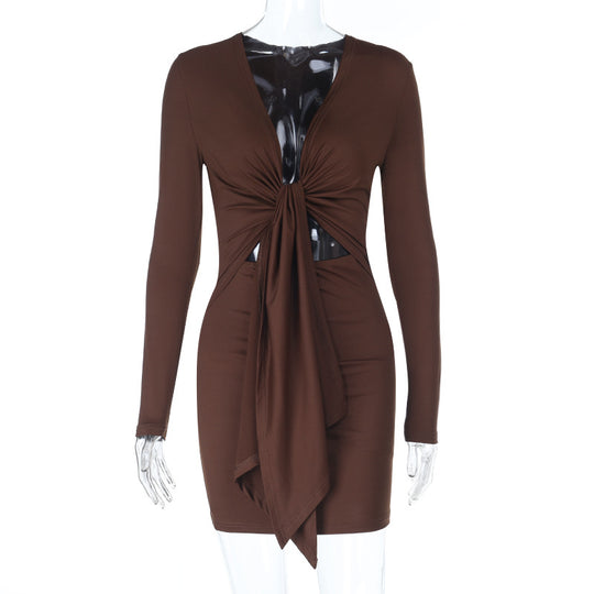 Damen figurbetontes Wickeloberteil-Kleid mit langen Ärmeln und seitlichen Cut-Outs R&B