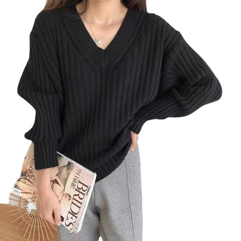 Damen Viskose-Strickpullover mit V-Ausschnitt und geripptem Design R&B
