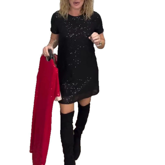 Damen Glamouröses Minikleid mit funkelnden Pailletten und elastischem Bund Heidi-Mode