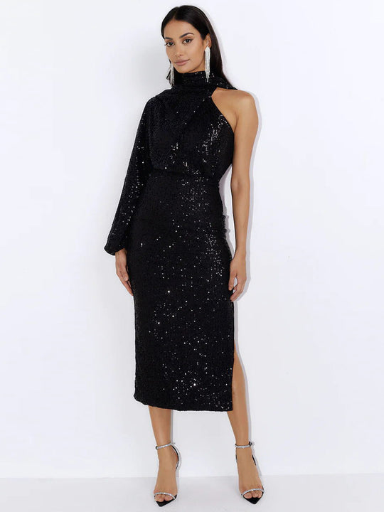 Damen Glamouröses Abendkleid mit asymmetrischem Ausschnitt und Paillettenbesatz R&B