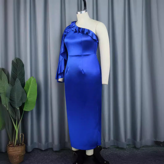 Damen elegantes Maxikleid mit asymmetrischem Rüschendesign R&B