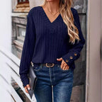 Damen V-Ausschnitt Strickpullover mit dekorativen Knöpfen R&B
