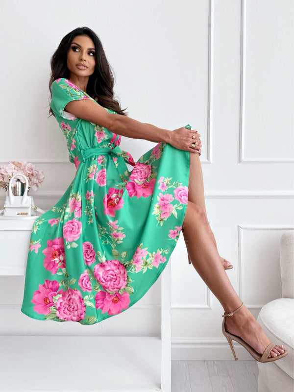 Damen Wickelkleid mit eleganter Blumenmusterung und Taillengürtel R&B