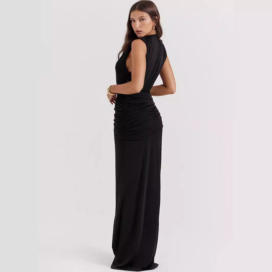 Damen Elegantes Maxikleid mit tiefem V-Ausschnitt und drapiertem Detail R&B