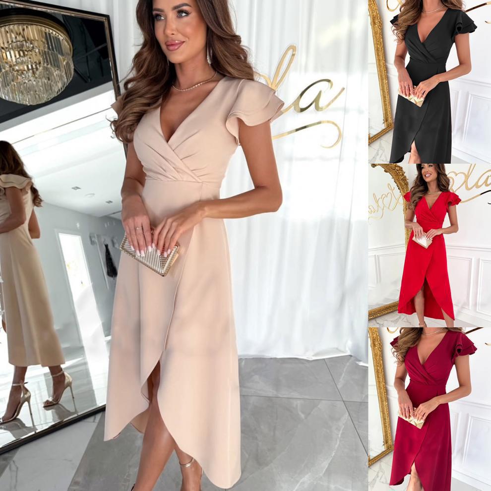 Damen Wickelkleid mit fließendem Stoff und dekorativen Rüschenärmeln R&B