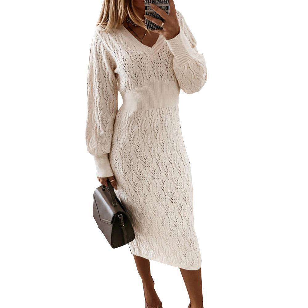 Damen Strickkleid mit halbtransparentem Muster und schickem V-Ausschnitt R&B