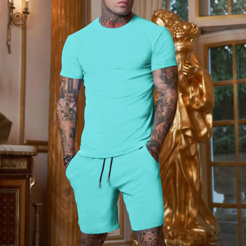 Herren nan schlankes Jersey-Set mit Rundhalsshirt und elastischer Tunnelzug-Shorts R&B