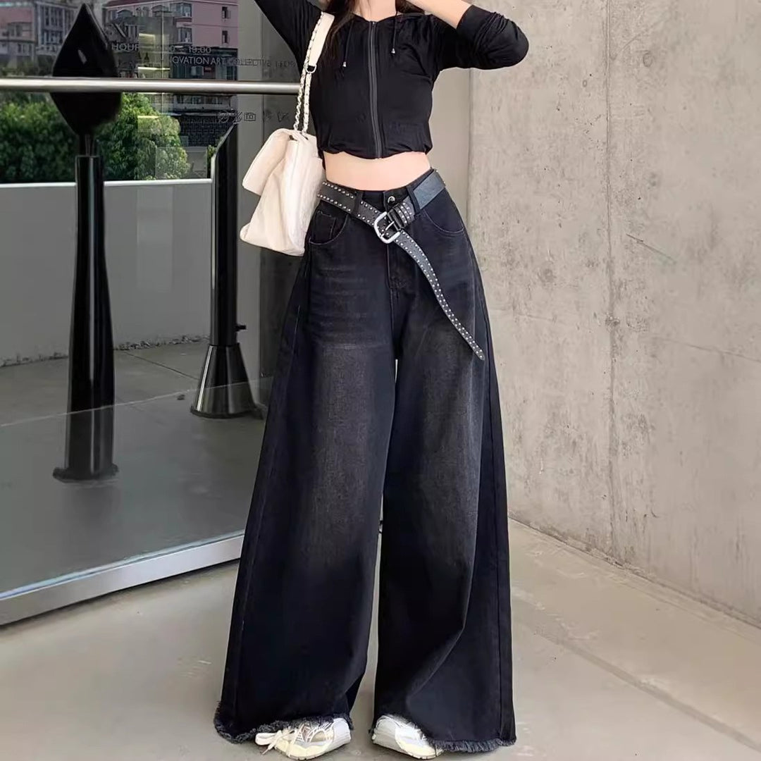 Damen Weite High-Waist Denim-Hose mit modischem Schnitt und auffälligem Gürtel R&B