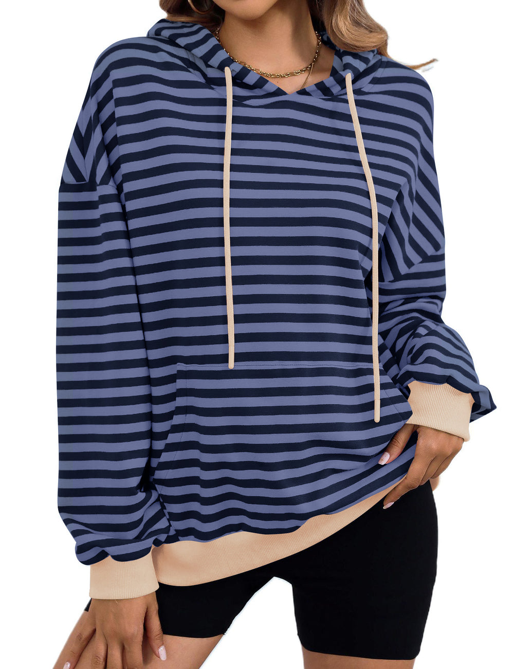 Damen gestreifter Kapuzenpullover mit stylischer Kängurutasche R&B