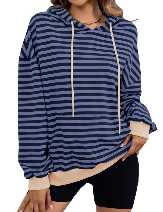 Damen gestreifter Kapuzenpullover mit stylischer Kängurutasche R&B