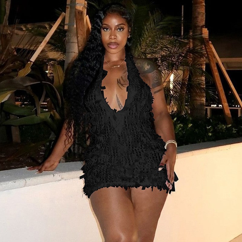 Damen Maxikleid mit raffinierten Fransen und tiefem V-Ausschnitt R&B