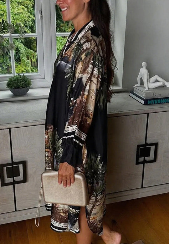 Damen nan Seidenoptik-Hemdkleid im Kaftanstil mit illustrativem Küstenprint R&B