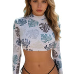 Damen Langarm-Schwimmtop mit modernem Wellenmuster R&B