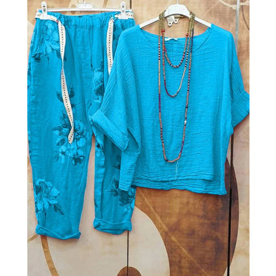 Damen nan leichtes Crinkle-Zweiteiler-Set mit lockerem U-Boot-Top und floral bedruckter Joggerhose R&B