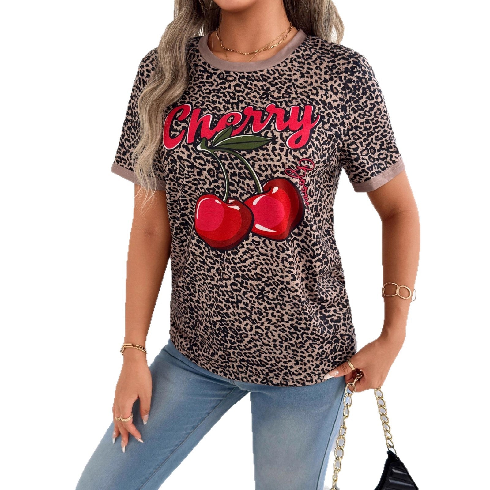 Damen lässiges T-Shirt mit Leopardenmuster und frischem Kirschen-Print R&B