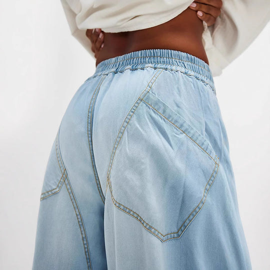 Damen Lässige weite Denim-Jeans mit elastischem Bund und praktischen Taschen R&B