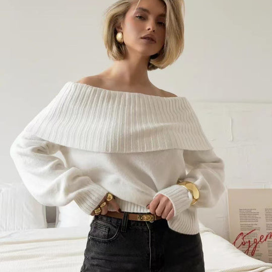 Damen Off-Shoulder Strickpullover mit Rippstruktur R&B