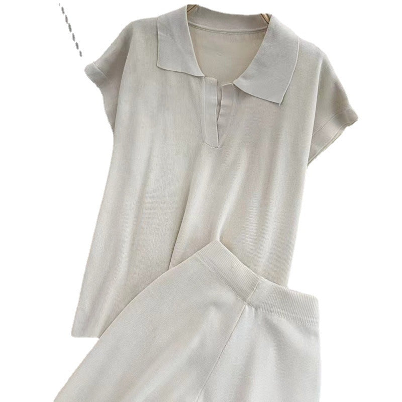 Damen elegantes Lounge-Set mit kurzärmligem Polo und weiten Hosen R&B