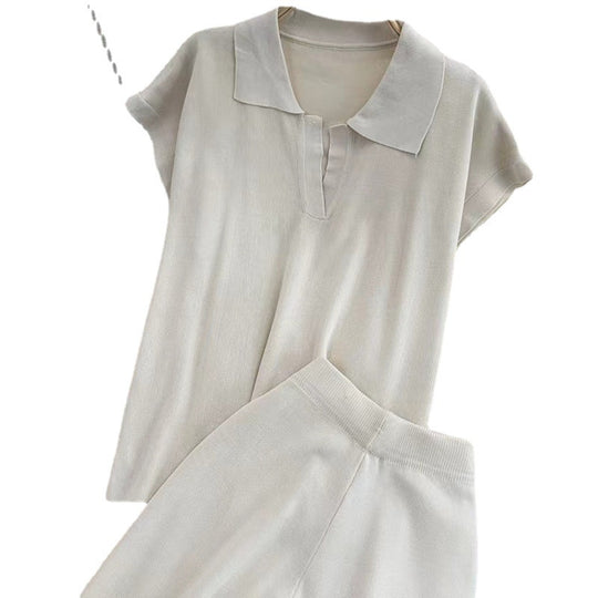 Damen elegantes Lounge-Set mit kurzärmligem Polo und weiten Hosen R&B