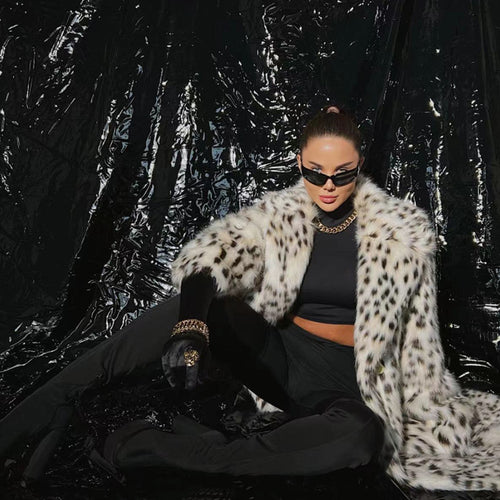 Damen Luxuriöser Kunstpelzmantel mit Leopardenmuster R&B