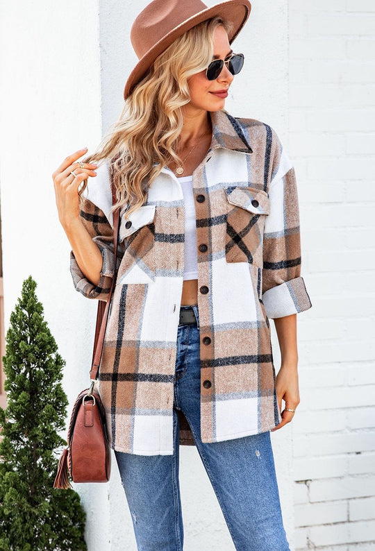 Damen Karierte Flanelljacke mit Brusttaschen R&B