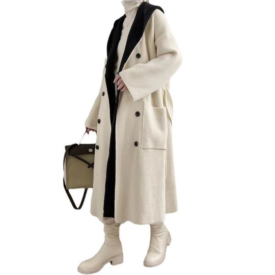 Damen Eleganter langer Mantel mit Gürtel und kontrastierenden Ärmeln R&B