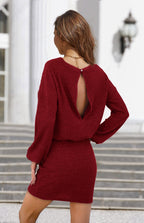 Damen Strickkleid mit elastischem Taillenbund und lässigen Puffärmeln R&B