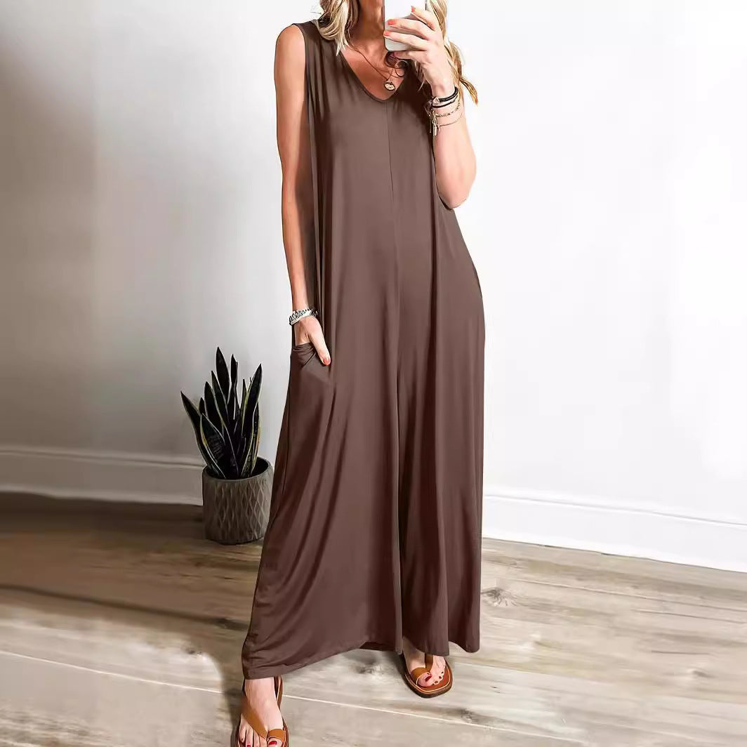 Damen weit geschnittene Jumpsuit mit V-Ausschnitt R&B