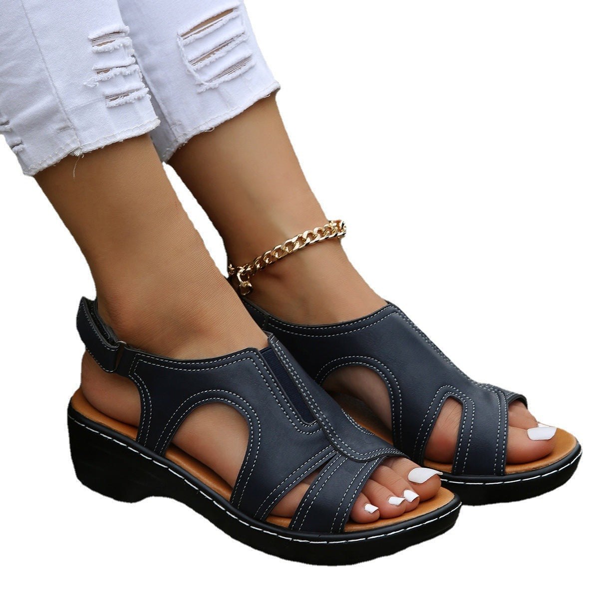 Damen Wedge-Sandaletten aus hochwertigem Leder mit anatomischem Fußbett und modischer Riemenführung R&B