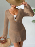 Damen gehäkeltes Strandkleid mit tiefem V-Ausschnitt und eleganter Blüte R&B