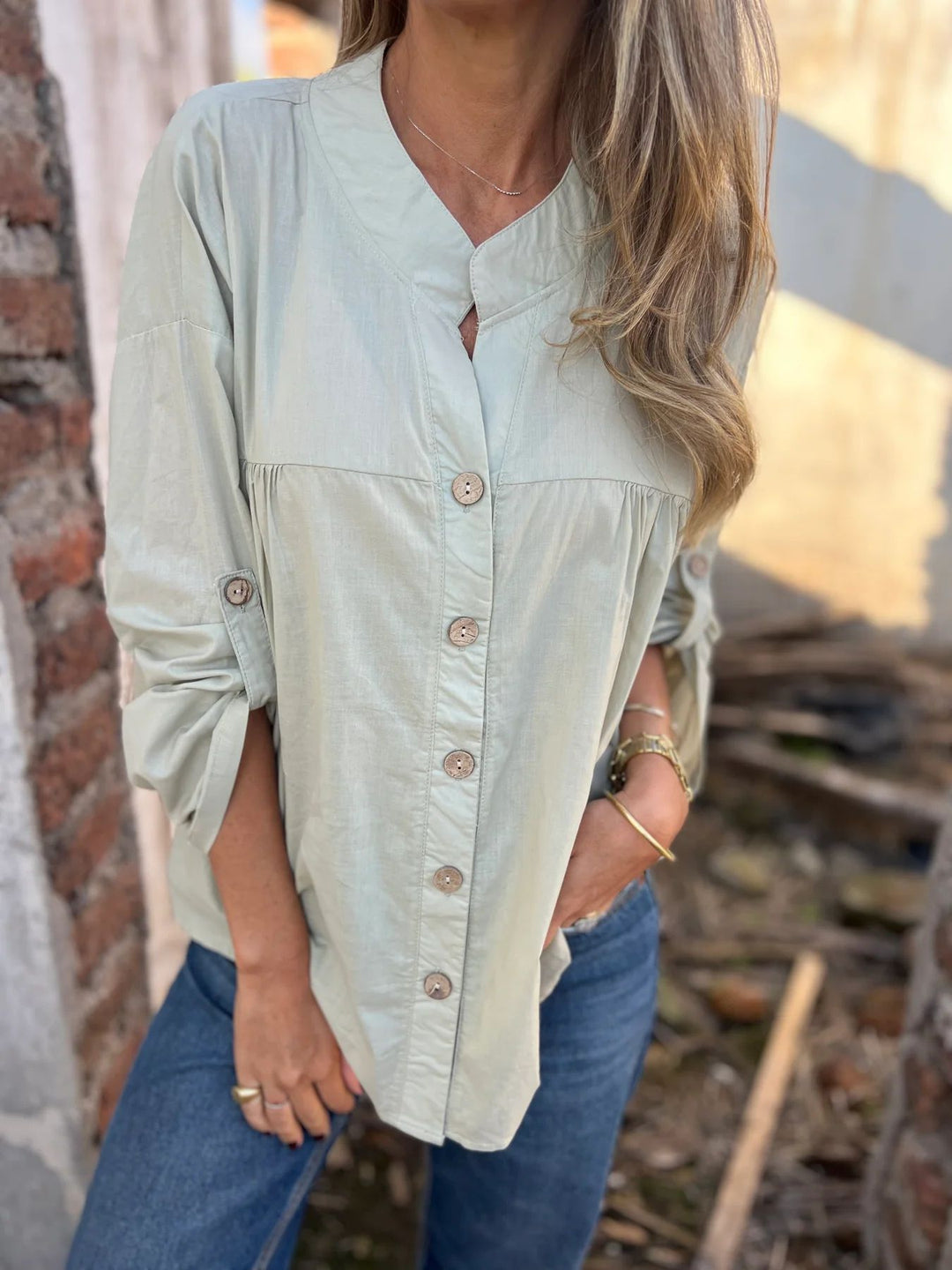 Damen Baumwollbluse mit Knopfleiste und bequemem Schnitt R&B