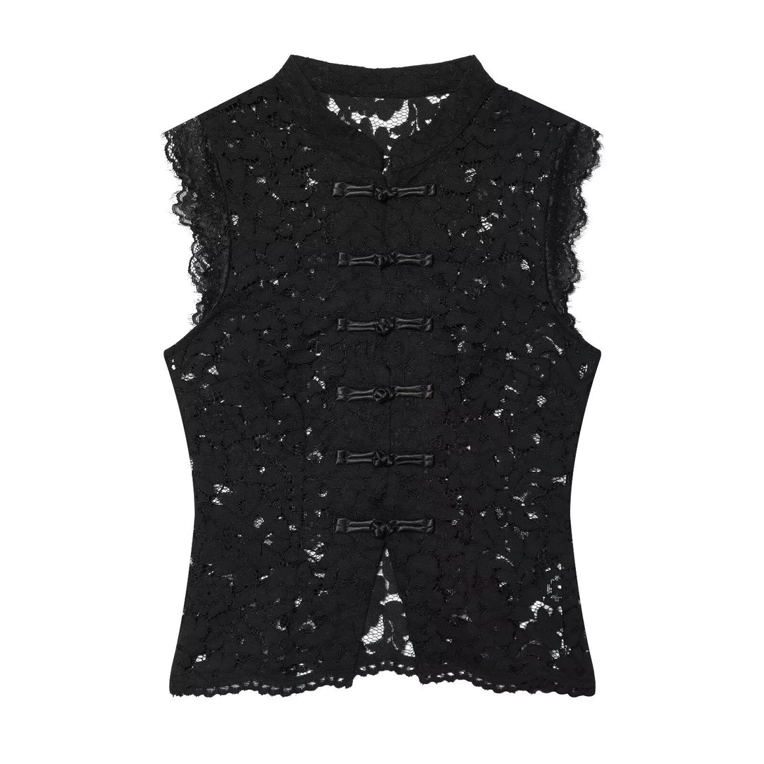 Damen-Spitzenoberteil mit traditionellem Stehkragen und eleganten Knopfdetails R&B