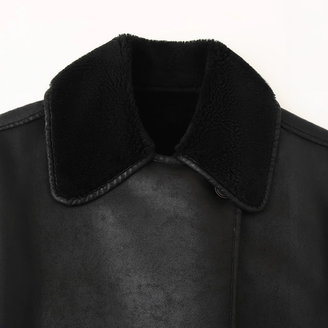 Damen Kunstlederjacke mit luxuriösem Fellkragen und praktischen Taschen R&B