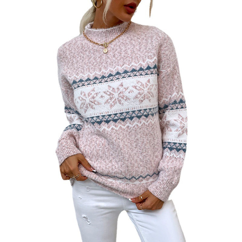 Damen Kuscheliger Oversized-Pullover mit Weihnachtsmotiv und hochschließendem Kragen
