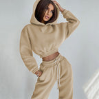 Damen nan Cropped-Hoodie-Loungewear-Set mit elastischem Rippbund, hoher Taillen-Jogginghose und dekorativem Kordelzug R&B